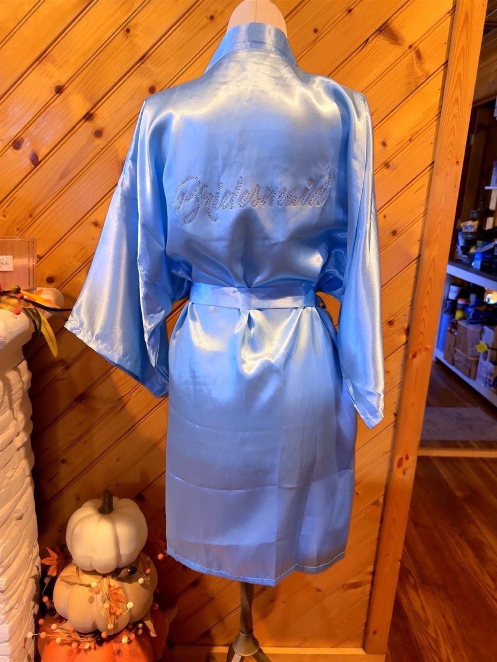 Bridal Satin Robe with Rhinestone Back - Light Blue - Picture 5 of 9